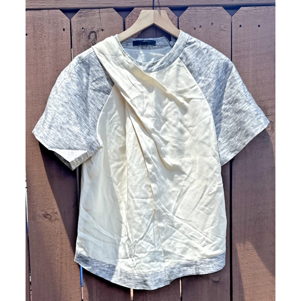 Alexander Wang‎ Size 8 Cream Gray S/S Color Block Bib Front Back Zip Tee Shirt